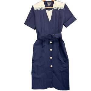 Leni Leni Vintage Navy Blue White Lace Collar Short-Sleeve Belted Dress Women 8